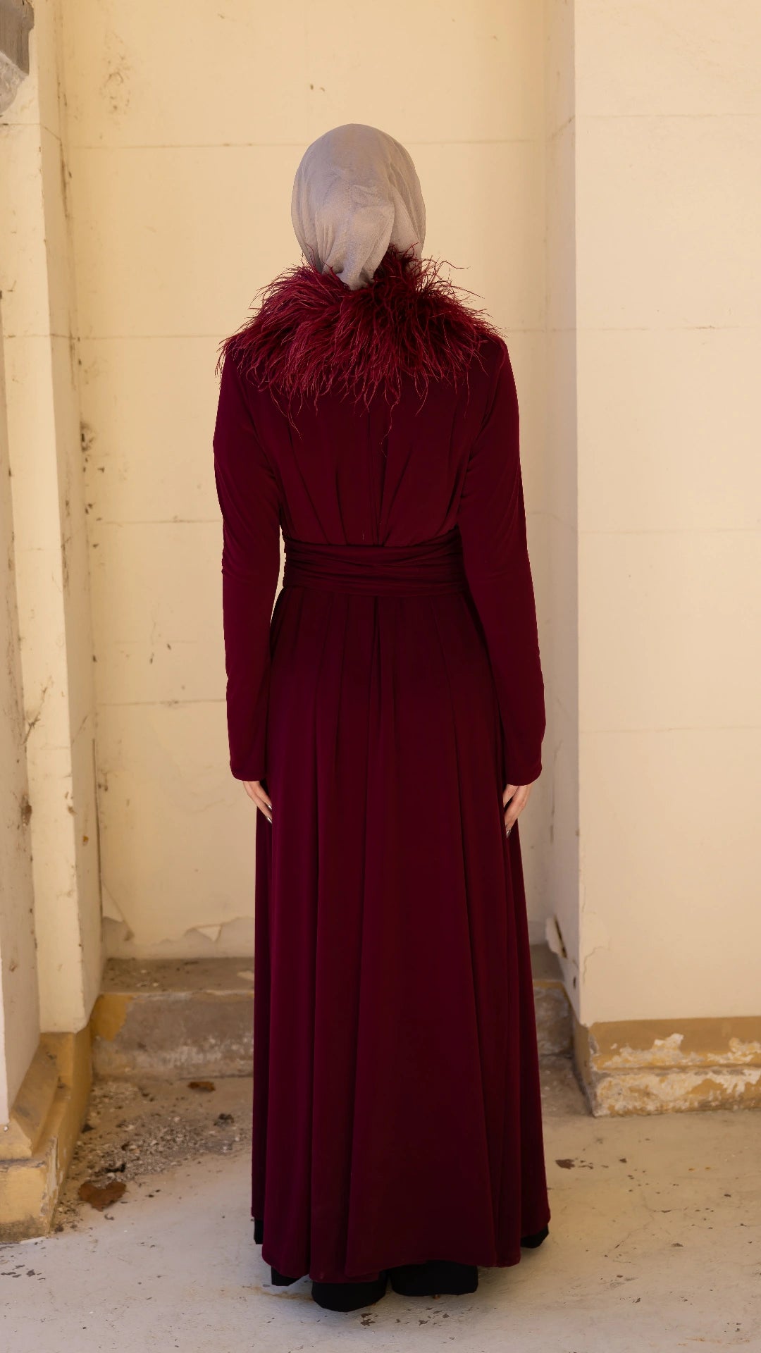 Namara Feather Neck Maxi Abaya - Ruby