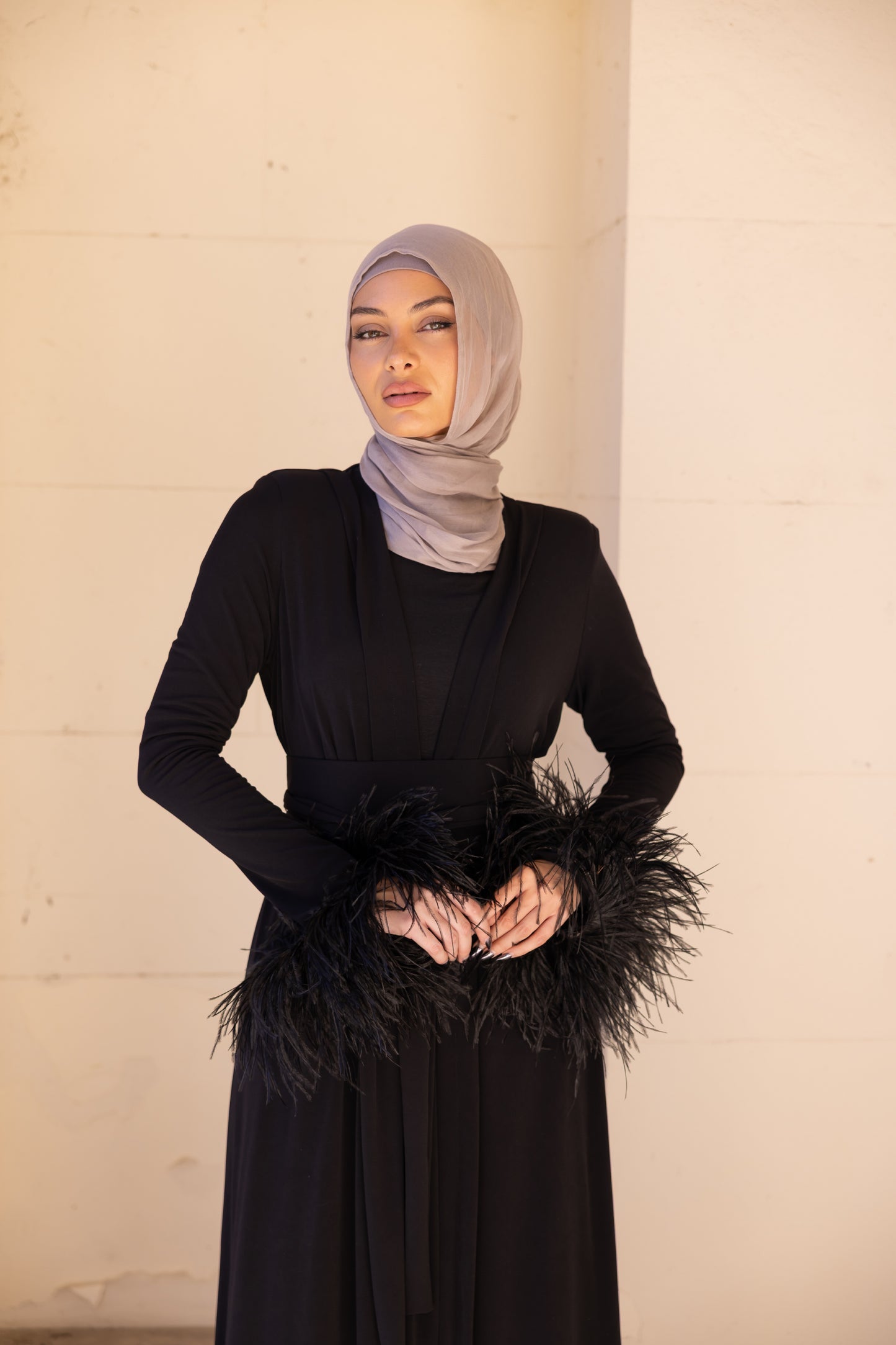 Namara Feather Cuff Maxi Abaya- Black