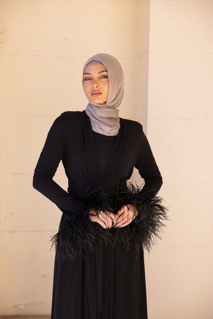 Namara Feather Cuff Maxi Abaya- Black