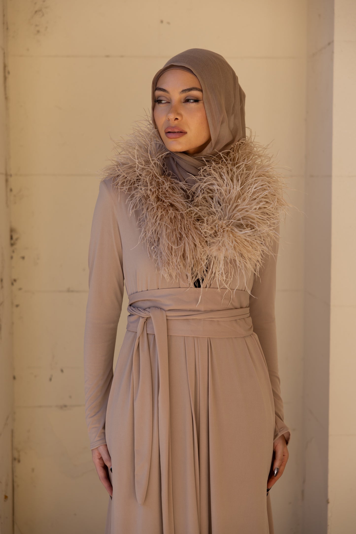 Namara Feather Neck Maxi Abaya - Honey