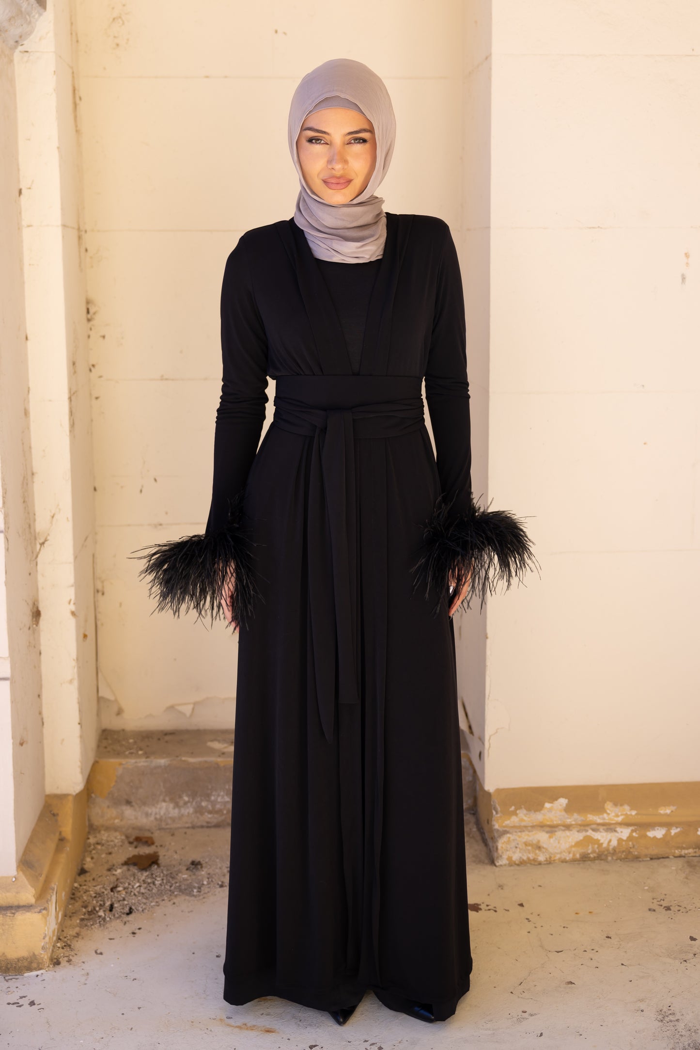 Namara Feather Cuff Maxi Abaya- Black