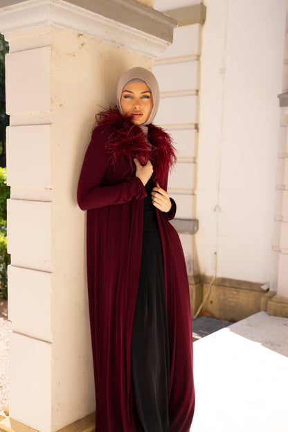 Namara Feather Neck Maxi Abaya - Ruby