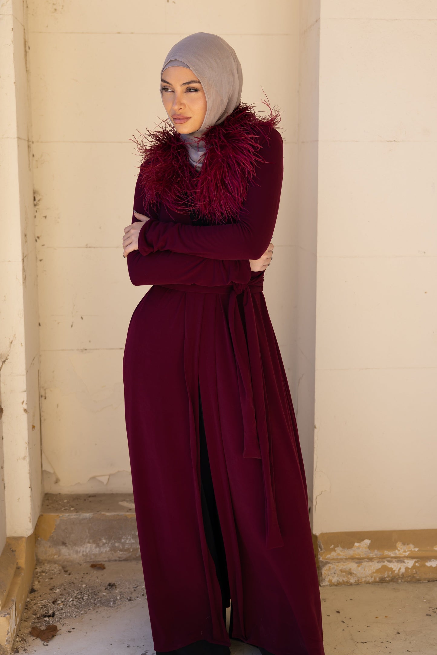 Namara Feather Neck Maxi Abaya - Ruby