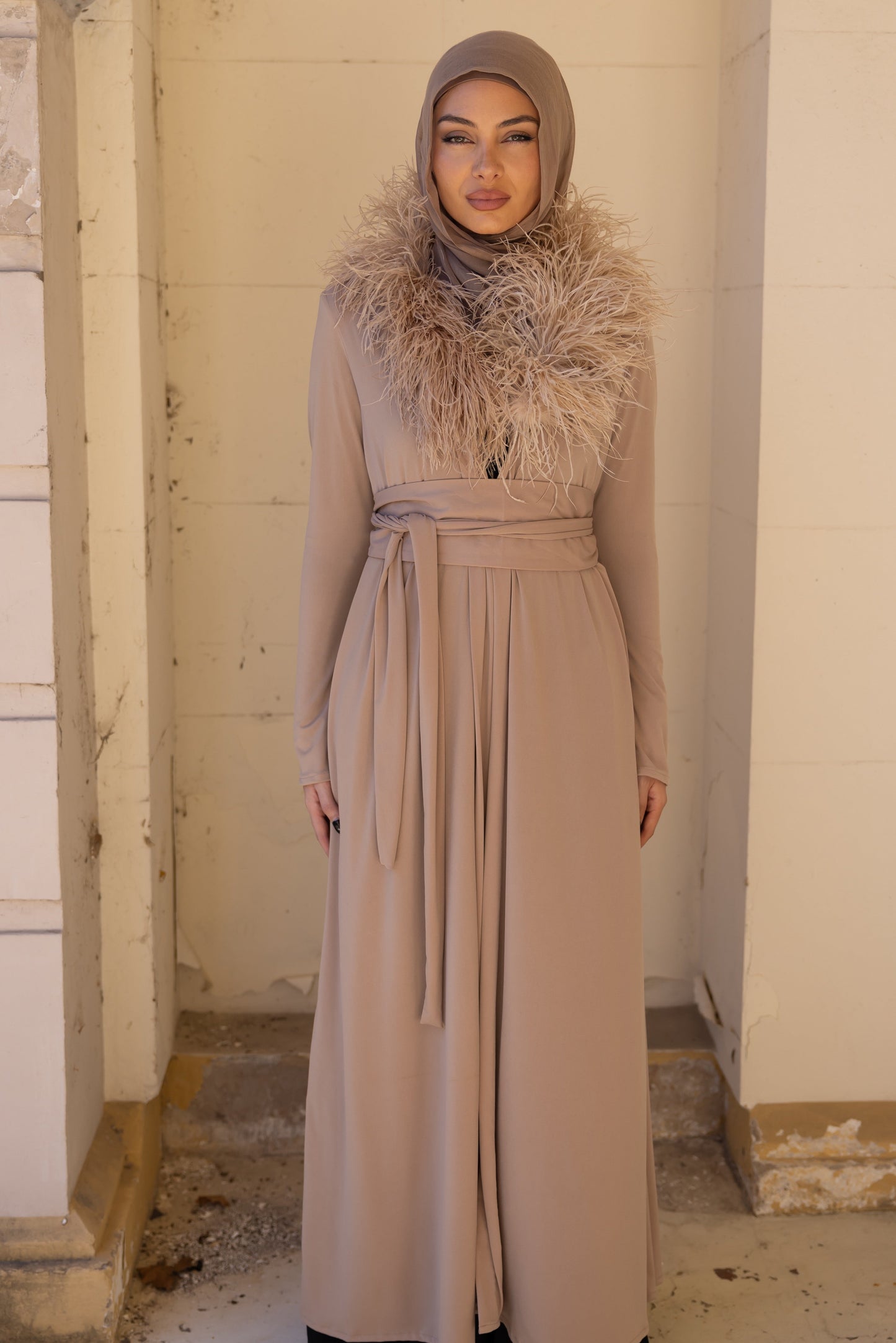 Namara Feather Neck Maxi Abaya - Honey