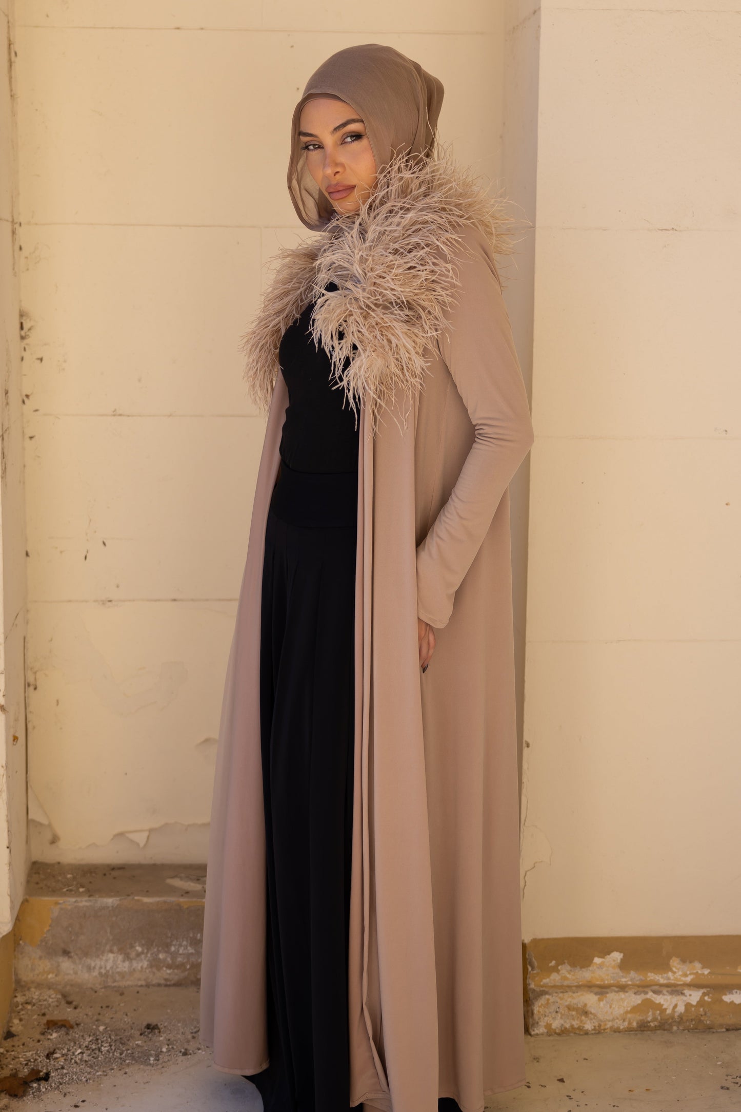 Namara Feather Neck Maxi Abaya - Honey
