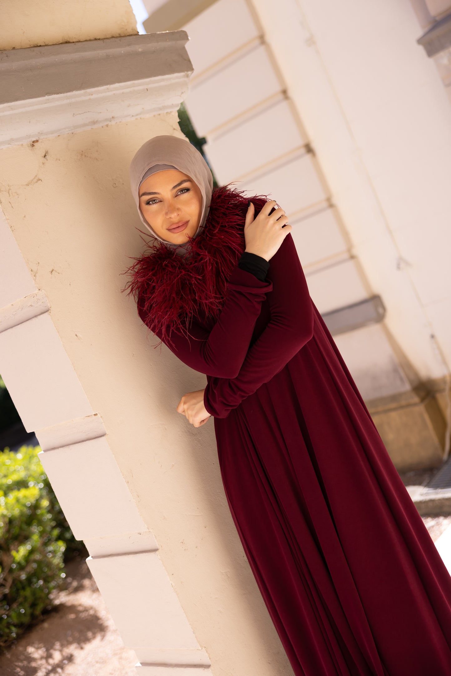 Namara Feather Neck Maxi Abaya - Ruby