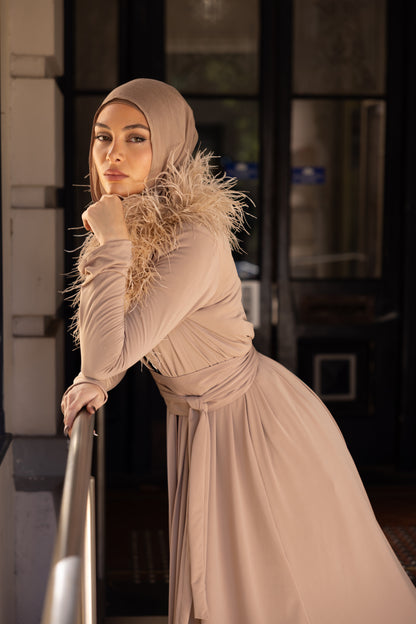 Namara Feather Neck Maxi Abaya - Honey