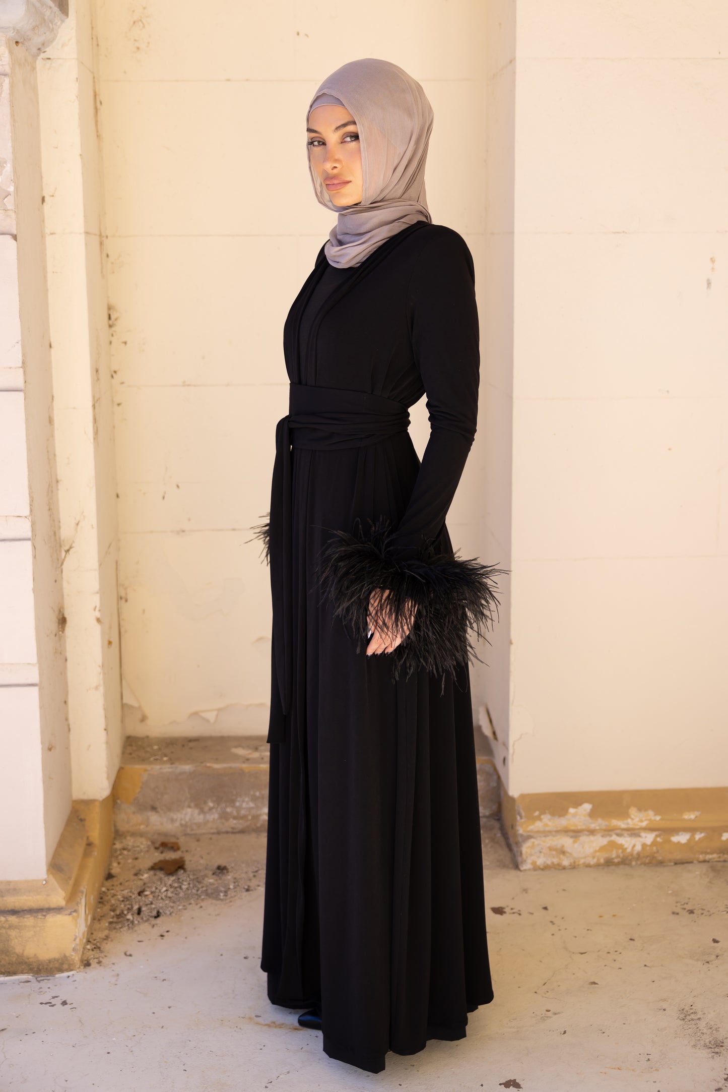 Namara Feather Cuff Maxi Abaya- Black