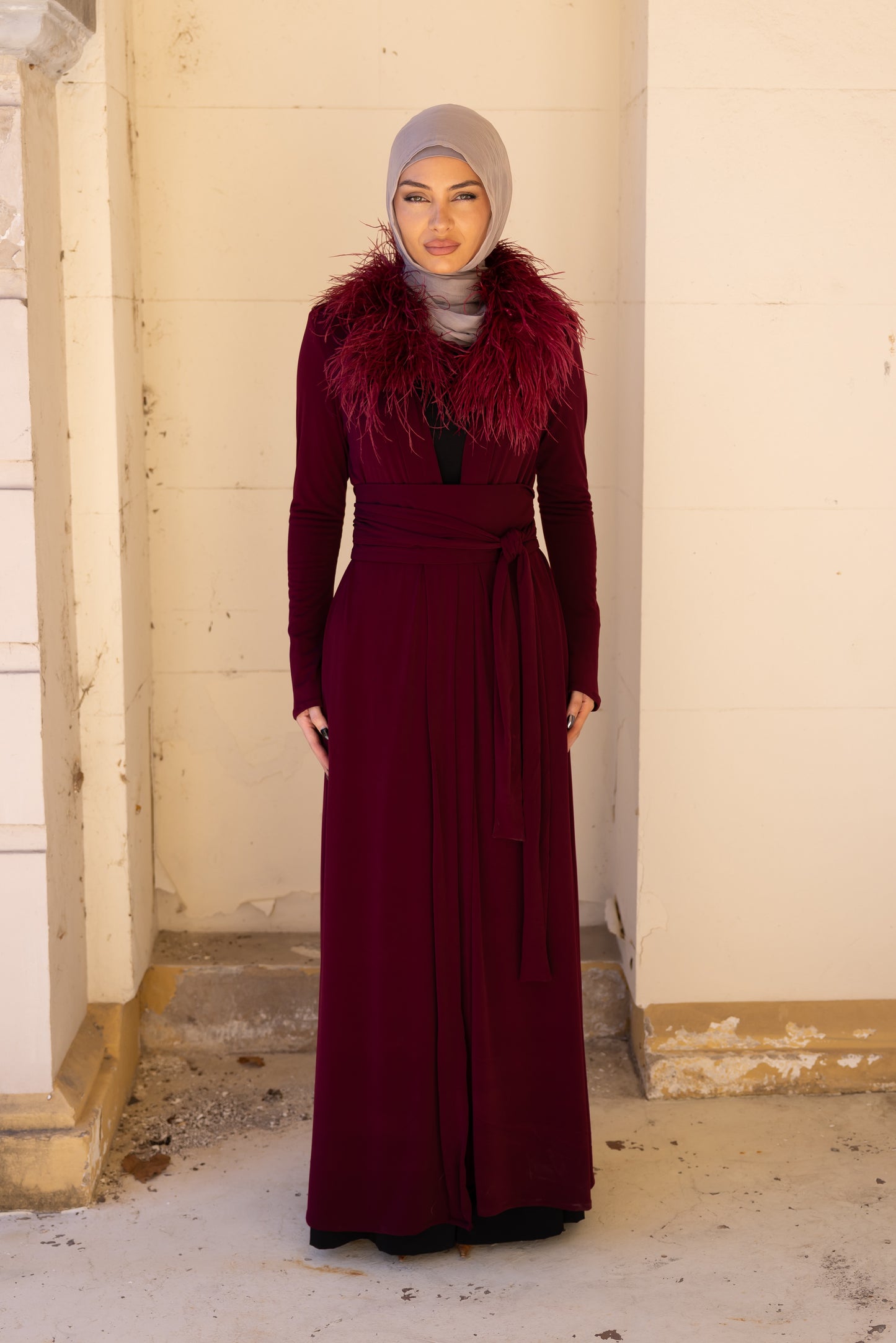 Namara Feather Neck Maxi Abaya - Ruby