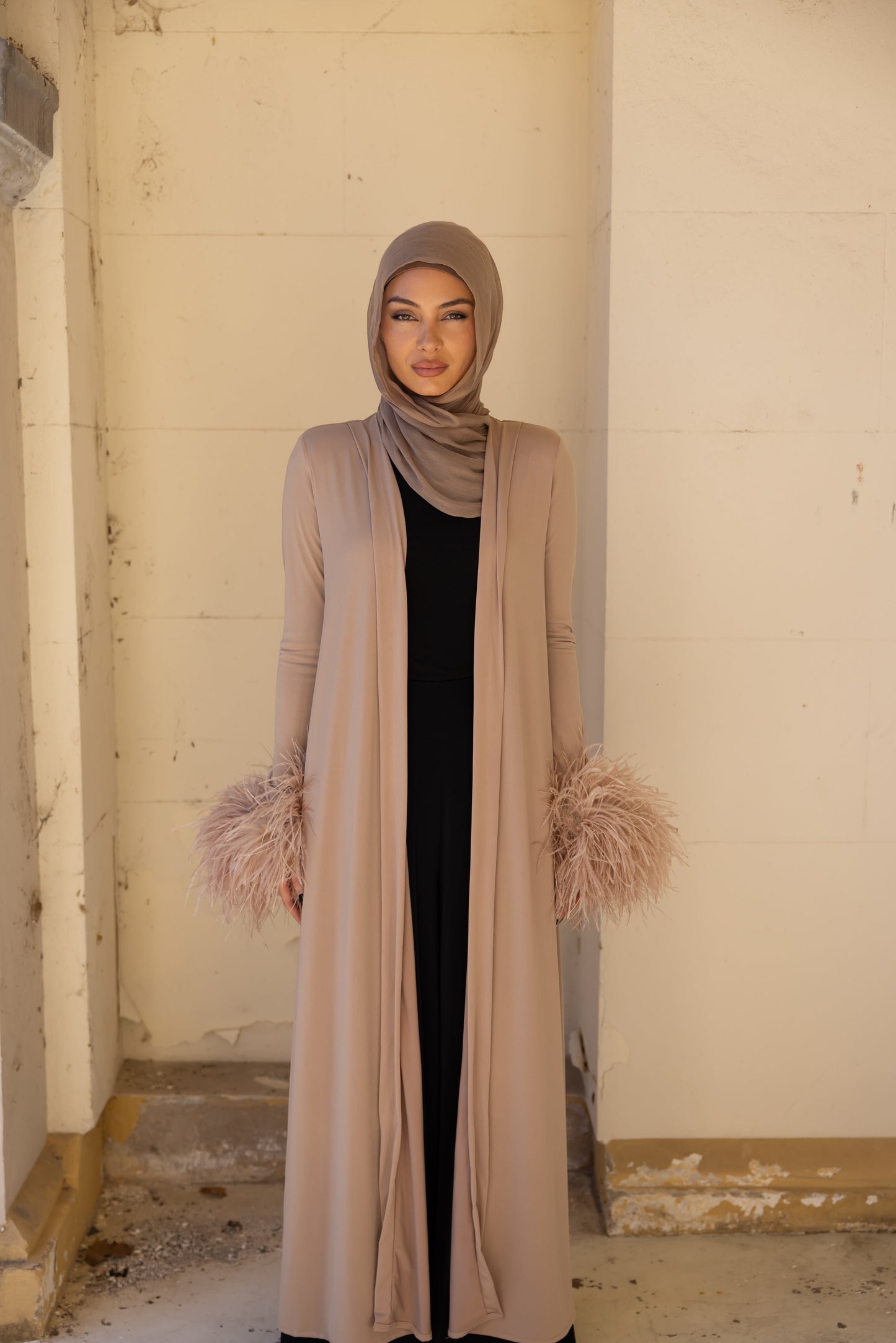 Namara Feather Cuff Maxi Abaya- Honey