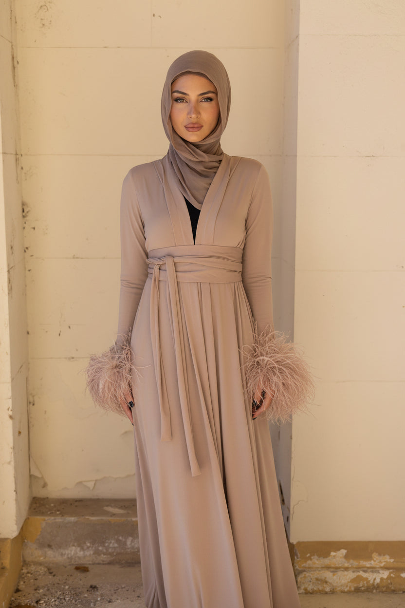 Namara Feather Cuff Maxi Abaya- Honey