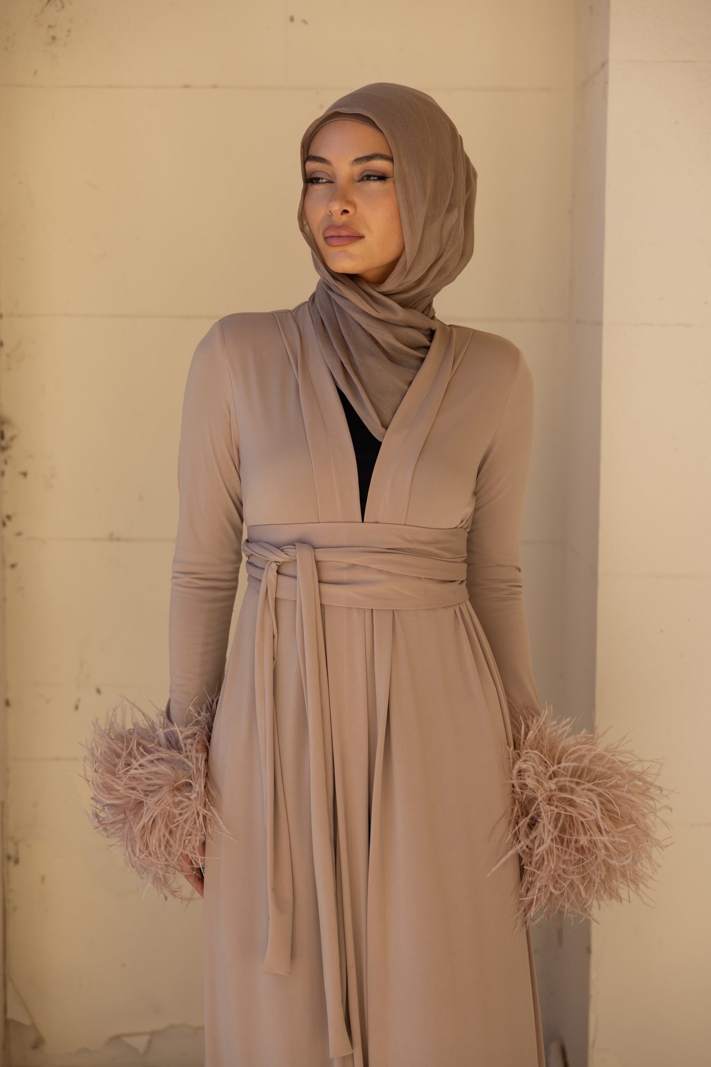 Namara Feather Cuff Maxi Abaya- Honey